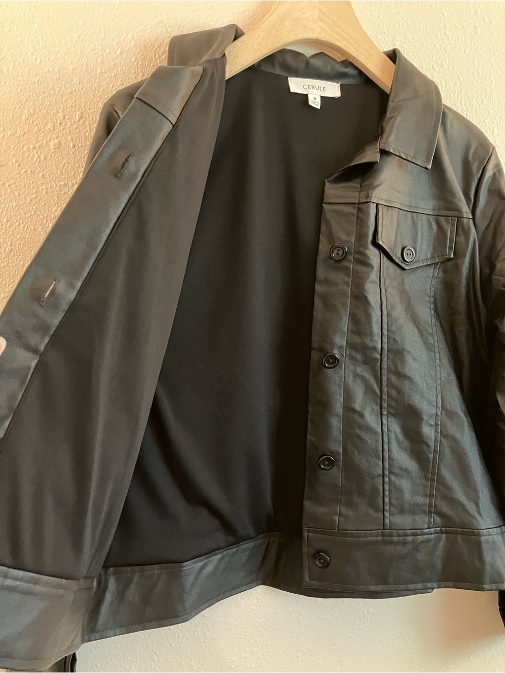Anthropologie Cerule Black Faux Leather Jean Jacket Button Down Medium NWOT - Picture 6 of 11